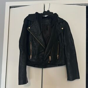 Leather jacket with removable hood. BlankNYC